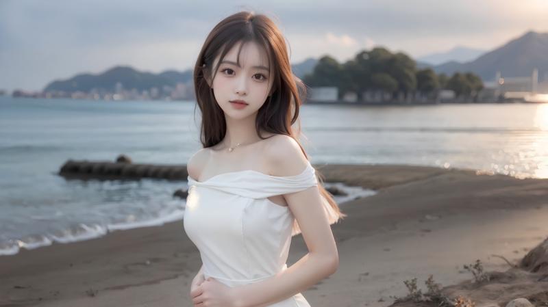 AI绘画| 海边美女 白色裙子 4k壁纸
